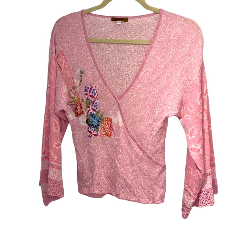 Gorgeous Vintage Kenzo Pink Patterned Faux Wrap Knit Top with Bell Sleeves